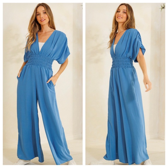 10 Boho Deep V- Neck Smocked Jumpsuit - Picture 4 of 4